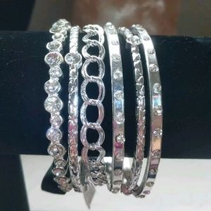 Set of Six Silver Bracelets with Rhinestone NWT